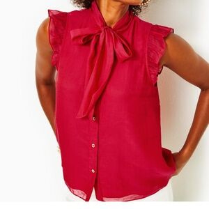 NWT Lilly Pulitzer Maddi Cotton Silk Tie Neck Top